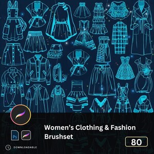 Puede incluir: Una ilustración digital de varias prendas de vestir femeninas, incluyendo vestidos, faldas y chaquetas, en un estilo de contorno azul neón. La imagen incluye el texto "Women's Clothing & Fashion Brushset" y el número "80".