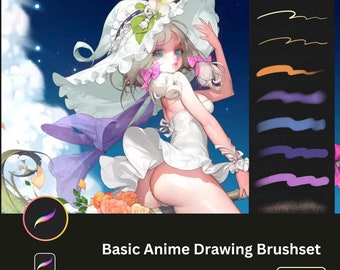 Könnte beinhalten: Ein Set mit 45 digitalen Pinseln zum Zeichnen von Anime-Charakteren. Die Pinsel sind in verschiedenen Farben dargestellt, darunter Gold, Orange, Lila und Blau. Die Pinsel sind so konzipiert, dass sie verschiedene Effekte erzeugen, wie z. B. Linien, Schattierungen und Texturen.