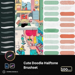 May include: A digital art brush set with a colourful illustration of a person reading in bed, and a street scene. The set includes various halftone brushes in green and orange, with the text "Cute Doodle Halftone Brushset" and "100 brush".