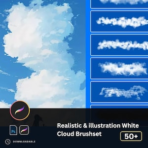 May include: A digital illustration of a blue sky with white clouds. The image is used to advertise a set of 50+ realistic and illustration white cloud brushes. The text "Realistic & illustration White Cloud Brushset" and "50+ " are visible in the image.