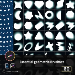 May include: A digital art brush set featuring 60 essential geometric shapes in white against a dark background. The set includes various shapes like stars, hearts, and triangles. The text "Essential geometric Brushset" is displayed.