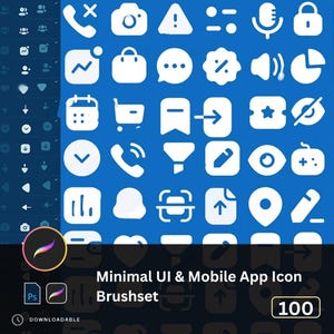 May include: A collection of 100 white, minimalist UI and mobile app icons on a blue background. The icons include symbols for phone, camera, shopping cart, and more. The text reads "Minimal UI & Mobile App Icon Brushset".
