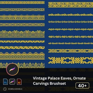May include: A set of 40+ digital brushes featuring intricate gold palace eaves and ornate carvings on a blue background. The brushes are designed for use in Adobe Photoshop and Illustrator.