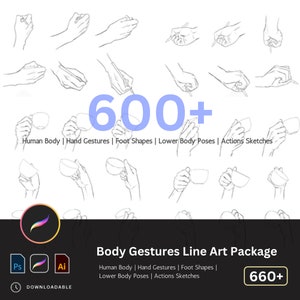 Puede incluir: Un paquete de ilustraciones digitales de más de 660 gestos corporales, que incluyen gestos de manos, formas de pies, poses de la parte inferior del cuerpo y bocetos de acciones. El paquete está disponible para descargar en los formatos Adobe Photoshop e Illustrator.