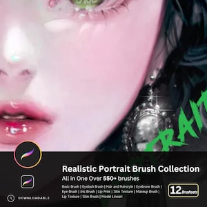 May include: A digital illustration of a woman's face with green eyes and pink lips. The image is a promotional graphic for a digital brush set for realistic portrait painting. The text reads "Realistic Portrait Brush Collection All in One Over 550+ brushes" and "12 Brushsets".