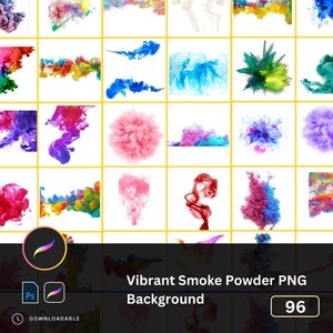 Op de afbeelding: Een verzameling van 96 levendige rookpoeder PNG-achtergronden. De achtergronden tonen verschillende kleuren en vormen van rook, waaronder roze, blauw, groen, geel en rood.
