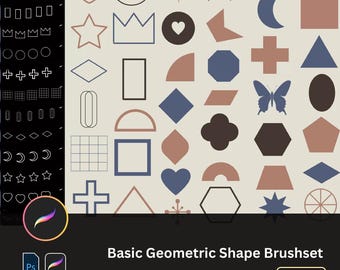 May include: A set of 60 basic geometric shape brushes for digital art. The brushes include a variety of shapes, such as circles, squares, triangles, stars, hearts, and more. The brushes are designed to be used in Adobe Photoshop.