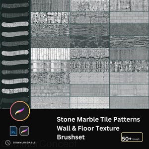 May include: A digital art brush set featuring various stone, marble, and tile textures. The image showcases a collection of grayscale patterns suitable for wall and floor designs. The text reads "Stone Marble Tile Patterns Wall & Floor Texture Brushset".