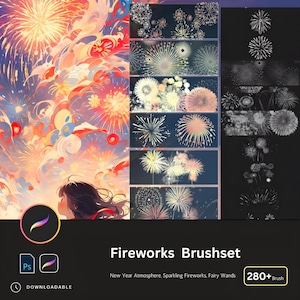 May include: Digital art brush set featuring colorful fireworks illustrations. The image includes a vibrant, artistic depiction of fireworks, a girl looking up, and a preview of various brush styles. The text reads "Fireworks Brushset" and "280+ Brush".