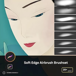 以下が含まれることがあります： 柔らかな青い目と赤い唇をした女性の顔のデジタルイラスト。20種類以上のソフトエッジエアブラシブラシのセットを宣伝するために使用されています。