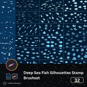 May include: A digital art brushset featuring 32 deep sea fish silhouettes. The fish are in various shapes and sizes, rendered in shades of blue against a dark blue background. The image includes the text "Deep Sea Fish Silhouettes Stamp Brushset".