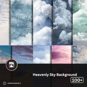 Könnte beinhalten: Eine digitale Collage aus über 100 Bildern von verschiedenen blauen, weißen und rosafarbenen Himmeln mit Wolken. Die Bilder sind in einem Raster angeordnet. Der Text "Heavenly Sky Background" befindet sich am unteren Rand des Bildes. Der Text "100+" befindet sich in einem gelben Kasten unten rechts im Bild.