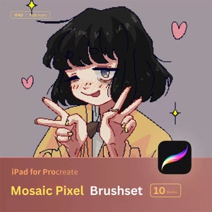 Puede incluir: Ilustración de arte pixelado de una persona sonriente con cabello negro, haciendo el signo de la paz. La imagen incluye el texto "Mosaic Pixel Brushset" y "10 brushes", junto con el logotipo de la aplicación Procreate.