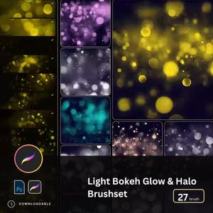 May include: A digital art product showcasing a Light Bokeh Glow & Halo Brushset. The image displays various bokeh effects in yellow, purple, teal, and white. The product includes 27 brushes and is downloadable. The Procreate and Photoshop icons are also visible.