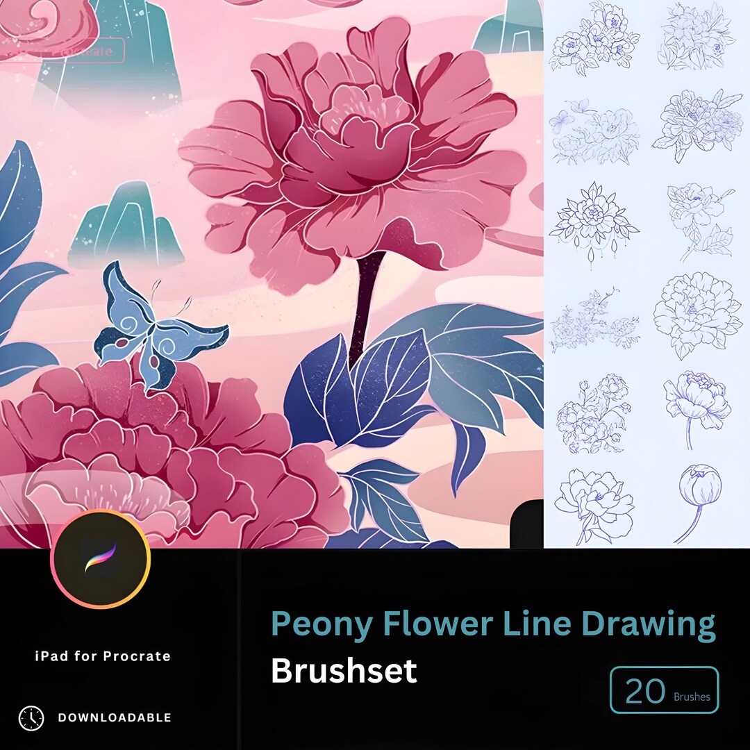 20 Peony Flower Outline Brushes Watercolor Procreate Procreate Floral ...