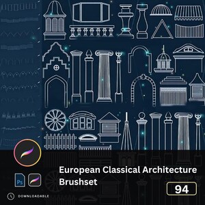 Puede incluir: Un conjunto de pinceles de arte digital con dibujos lineales de elementos arquitectónicos clásicos europeos, incluyendo columnas, arcos y fachadas de edificios. Se muestra el texto "European Classical Architecture Brushset", junto con el número "94".