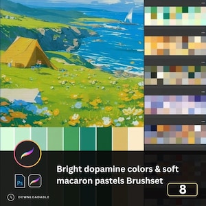Puede incluir: Conjunto de pinceles de arte digital con colores brillantes de dopamina y suaves pasteles macaron. La imagen presenta un paisaje con una tienda de campaña amarilla, el océano y un velero. La paleta de colores incluye verdes, azules y amarillos. El texto dice "Bright dopamine colors & soft macaron pastels Brushset".