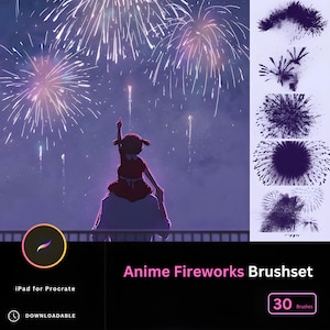 May include: A digital illustration of a girl looking up at fireworks in the night sky. The image is for a set of 30 anime-style fireworks brushes for Procreate on the iPad. The text "Anime Fireworks Brushset" and "30 Brushes" is included in the image.