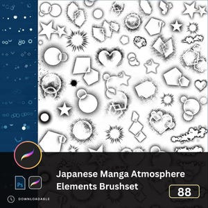 Peut inclure: Ensemble d'éléments d'ambiance manga japonais en noir et blanc. L'image présente diverses formes, étoiles, coeurs et éclats. Le texte sur l'image indique "Japanese Manga Atmosphere Elements Brushset".