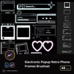 May include: A set of 48 digital brushes for Adobe Photoshop featuring retro phone frames in a white outline on a black background. The brushes include various shapes, such as a heart, a star, a smiley face, a chat bubble, a search bar, a loading bar, a music player, a notification, and a game console.