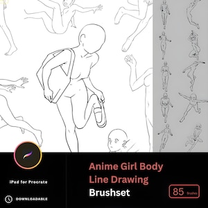 May include: A set of 85 digital brushes for drawing anime girl body line art. The image shows a variety of poses and angles for the body. The text on the image reads "Anime Girl Body Line Drawing Brushset 85 Brushes".