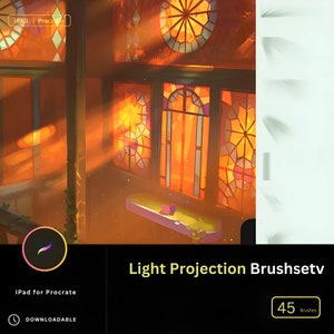 May include: A digital illustration of a room with stained glass windows, showcasing a set of 45 light projection brushes for the iPad app Procreate. The text "Light Projection Brushsetv" is displayed in yellow on a black background.