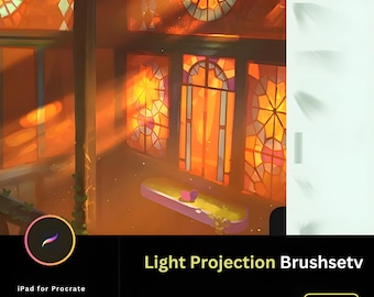May include: A digital illustration of a room with stained glass windows, showcasing a set of 45 light projection brushes for the iPad app Procreate. The text "Light Projection Brushsetv" is displayed in yellow on a black background.