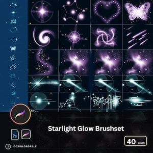 Könnte beinhalten: Ein digitales Kunstprodukt mit 40 Sternenlicht-Glanzpinseln. Das Bild zeigt verschiedene leuchtende Formen und Effekte in Lila- und Weißtönen vor einem dunklen Hintergrund. Der Text "Starlight Glow Brushset" ist zu sehen.