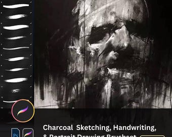 May include: A set of 25 charcoal sketching, handwriting, and portrait drawing brushes for Adobe Photoshop. The image shows a preview of the brushes, with a variety of strokes and textures. The brushes are designed to create realistic charcoal effects.