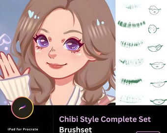May include: A digital illustration of a girl with long brown hair, wearing a white sweater and a pink shirt. The image is a product advertisement for a set of 140 digital brushes for Procreate, designed for drawing in a chibi style. The brushes are shown in the background of the image, with examples of how they can be used to create different facial features.