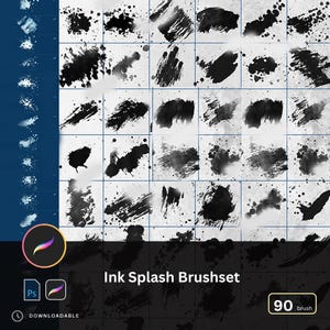 Könnte beinhalten: Ein digitales Kunst-Asset mit einer Sammlung von 90 Tinten-Spritzpinseln. Die Pinsel werden in einem Raster angezeigt und zeigen verschiedene Designs aus schwarzen Tintenspritzern und -strichen. Das Bild enthält den Text "Ink Splash Brushset" und Symbole für Procreate und Photoshop.