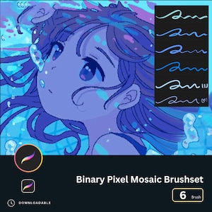 May include: A digital illustration of a girl with blue and purple hair, wearing a blue swimsuit, underwater with blue and purple bubbles. The image is pixelated and has a digital art style. The text "Binary Pixel Mosaic Brushset" is at the bottom of the image, along with a number "6" and the word "Brush".