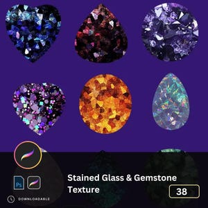 Op de afbeelding: Een set van zes digitale glas-in-lood en edelsteen texturen in verschillende vormen en kleuren, waaronder paars, blauw, oranje en iriserend. De texturen zijn perfect om een unieke en decoratieve touch aan uw digitale ontwerpen toe te voegen.