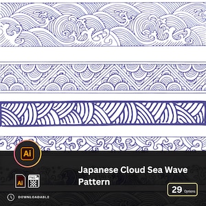 Może przedstawiać: Zestaw czterech wzorów bez szwów z japońskimi wzorami fal morskich i chmur. Wzory są w niebiesko-białej kolorystyce i idealnie nadają się do wykorzystania w różnych projektach kreatywnych.