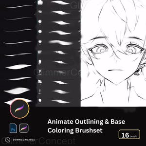 Op de afbeelding: Animate Outlining & Base Coloring Brushset. Digitale kunstborstels voor Procreate en Photoshop. De afbeelding toont een verscheidenheid aan penseelstreken en een gedetailleerde anime-stijl karakterillustratie. Inclusief 16 penselen, downloadbaar.