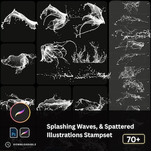 Puede incluir: Un conjunto de sellos digitales con más de 70 ilustraciones de olas de agua salpicando y gotas salpicadas. Las ilustraciones son en blanco y negro y son perfectas para agregar un toque dinámico y enérgico a tus diseños.