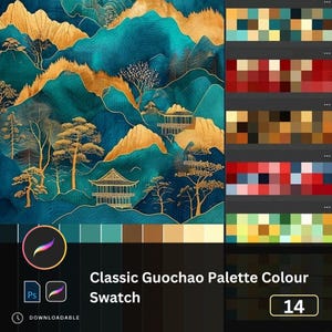 May include: A digital art piece featuring a teal and gold landscape with mountains, trees, and traditional buildings. The image includes a color palette with various color swatches and the text "Classic Guochao Palette Colour Swatch".