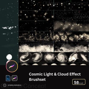 May include: A digital art brushset featuring cosmic light and cloud effects. The image showcases various brush strokes with stars, galaxies, and cloud formations in shades of white and gold against a black background. Includes 58 brushes, compatible with Photoshop and Procreate.