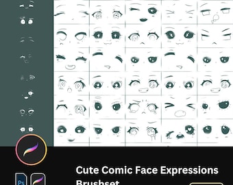 May include: A digital art brushset featuring various cute comic face expressions. The image displays a grid of eye and eyebrow designs, showcasing different emotions. The text reads "Cute Comic Face Expressions Brushset" with a "40 brush" count.