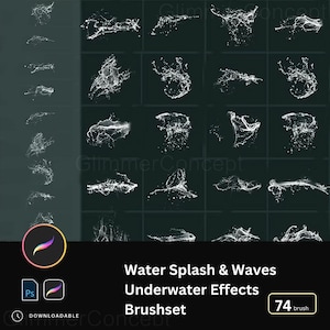 Puede incluir: Un conjunto de pinceles digitales con 74 efectos de salpicaduras y olas de agua. La imagen muestra varias ilustraciones de salpicaduras y olas de agua blancas sobre un fondo oscuro. El texto en la imagen dice "Water Splash & Waves Underwater Effects Brushset".
