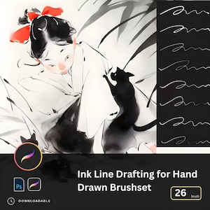 Puede incluir: Una ilustración digital de una niña con un lazo rojo en el pelo mirando hacia abajo a un gato negro. La imagen está en un estilo de tinta en blanco y negro. El texto "Ink Line Drafting for Hand Drawn Brushset" y "26 brush" están en la parte inferior de la imagen.