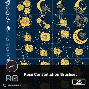 May include: A digital art brushset featuring gold rose and constellation designs on a dark blue background. The set includes various celestial and floral elements, such as moons, stars, and roses. The text "Rose Constellation Brushset" is displayed.
