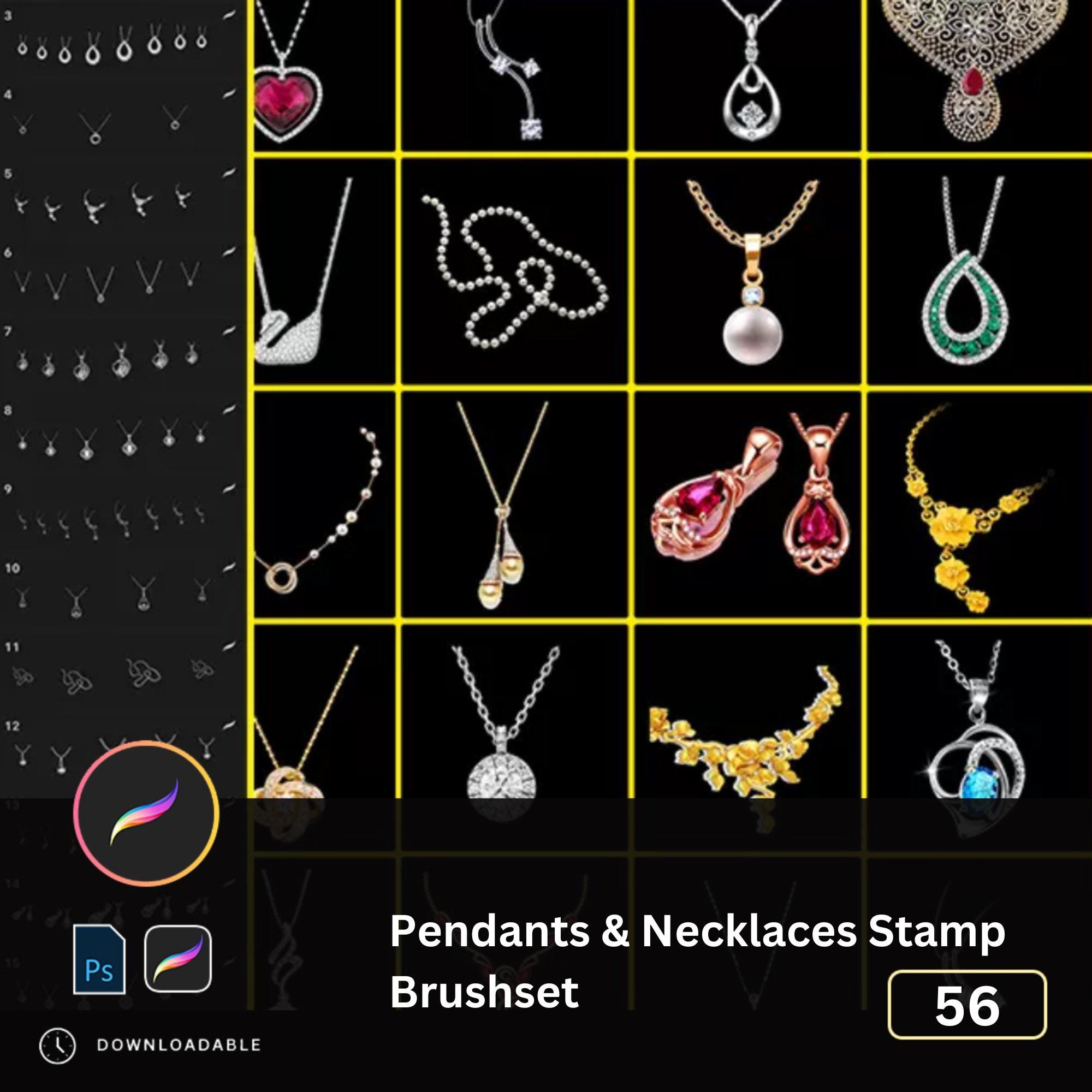 56 Jewelry Brushes for Procreate & Photoshop Stamps – Pendants, Gemstones, Diamonds, Necklaces PNG Set