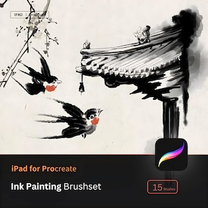 May include: A digital illustration of a black and white ink painting of a traditional Chinese building with two birds flying in the sky. The image is for a set of 15 ink painting brushes for the iPad app Procreate.