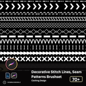 Könnte beinhalten: Ein Set mit über 70 dekorativen Stichlinien und Nahtmustern für die Bekleidungsdesign. Die Muster werden auf einem schwarzen Hintergrund angezeigt und sind weiß. Die Muster umfassen eine Vielzahl von Stichen, wie z. B. gerade Stiche, Zickzack-Stiche und Kreuzstiche.