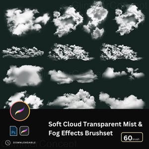 Puede incluir: Una colección de pinceles de efectos de nubes y niebla suaves en blanco sobre un fondo oscuro. La imagen incluye un icono de Procreate y Photoshop, y el texto "Soft Cloud Transparent Mist & Fog Effects Brushset" con "60 brush".
