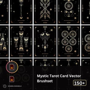May include: A set of 150+ vector tarot card brushes in a gold and black colour scheme. The image shows a sample of the brushes, featuring a variety of designs, including moons, stars, and geometric shapes.