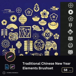 50+  New Year Elements Brushes for Photoshop & Procreate | Festive Stamps, Joyful Patterns, Lunar New Year Celebration Material