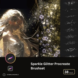 Könnte beinhalten: Ein Set mit 38 Procreate-Pinseln mit Glitzer und Funkeln. Die Pinsel zeigen Sterne, Monde und andere glitzernde Elemente. Die Pinsel sind perfekt, um deiner digitalen Kunst einen Hauch von Magie zu verleihen.