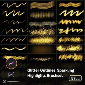 May include: A set of 57 gold glitter outline and sparkling brushstrokes for digital art. The brushstrokes are in various shapes and sizes, including lines, waves, and dots. The brushstrokes are on a black background.